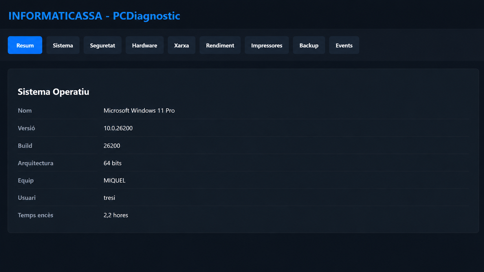 Panell principal de PCDiagnostic